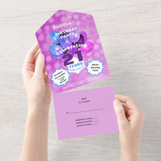 21e Verjaardagsfeest Glam Sparkle Glitz Paarse Bla All In One Uitnodiging (Afscheurbaar)