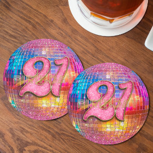 21e Verjaardagsfeest Goud Roze Glitter Disco Bal Ronde Kartonnen Onderzetter