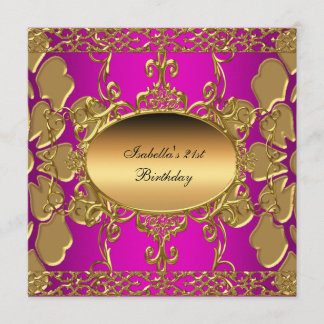 21e Verjaardagsfeest Hot Pink Goud Bloei Goud Kaart