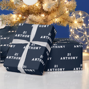 21e Verjaardagsfeest Naam Navy Blauw Modern Patroo Cadeaupapier