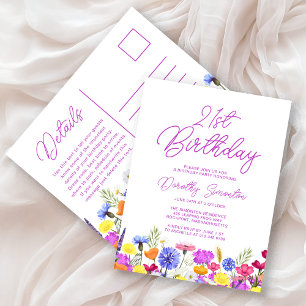 21e verjaardagsfeest Paarse wilde bloemen betaalba Uitnodiging Briefkaart