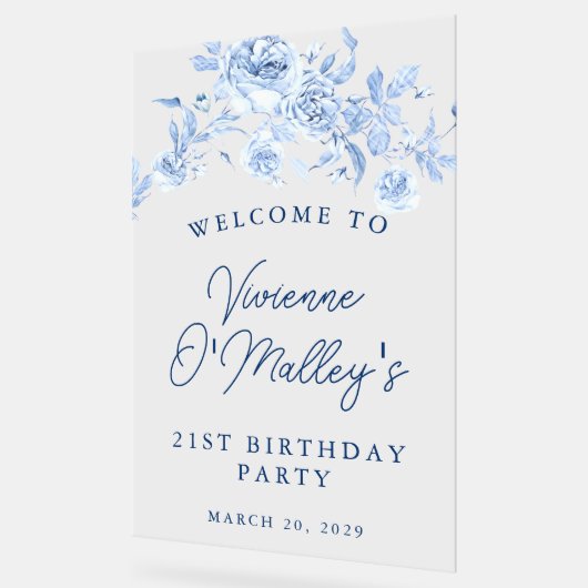 21e Verjaardagsfeest Welkom Blauw Roos Bloemen Acryl Bord (Hoek)