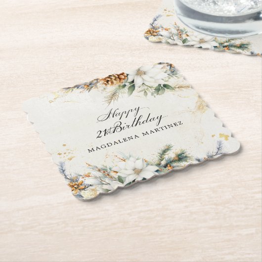21e Verjaardagsfeest Witte Winter Bloemen Custom Kartonnen Onderzetters (Gebogen)