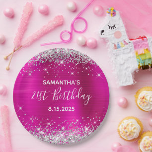 21e Verjaardagsfeestje Heet Roze en Zilver Glitter Papieren Bordje