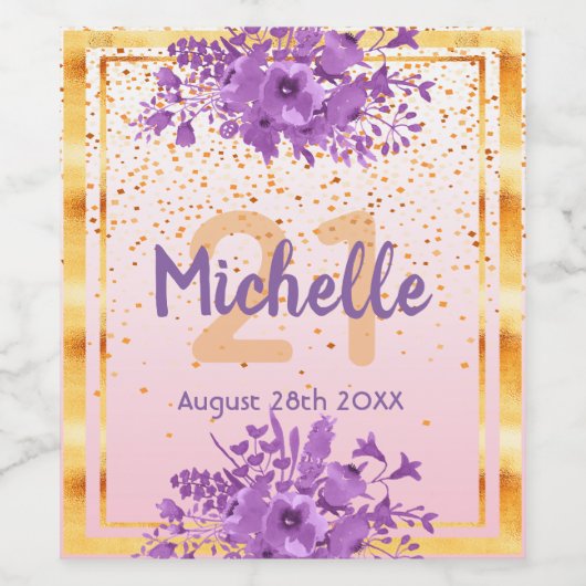 21e verjaardagsfeestje roos gouden paarse bloemen wijn etiket (Enkel label)