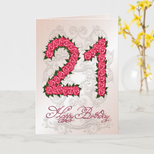 21e verjaardagskaart met rozen en bladeren kaart (Gele Bloem)