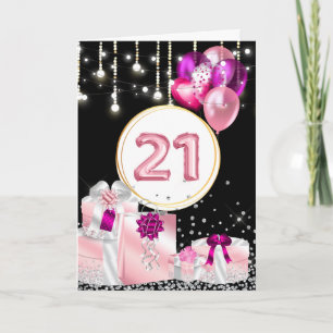 21e viering paarse zwarte glitterballonnen kaart