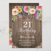 21ème invitation florale rustique d'anniversaire (Devant / Derrière)