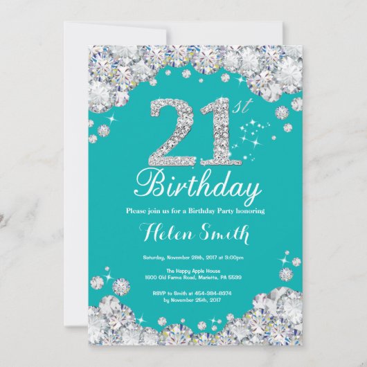 21ème Invitation Teal d'anniversaire et diamant (Devant)