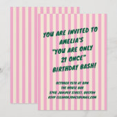 21st Birthday Bash Pink Green Retro Stripes Party Kaart (Voorkant / Achterkant)