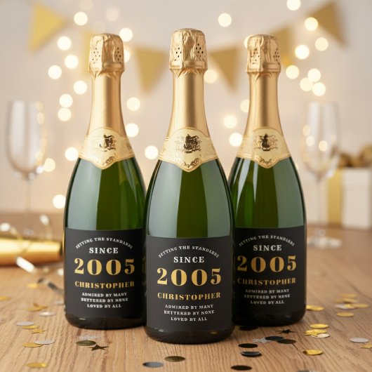 21st Birthday Born 2005 Add Name Black Gold Sparkling Wijnetiket