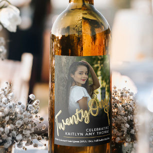21st Birthday fotoscript gouden effect 21 sleutel Wijn Etiket