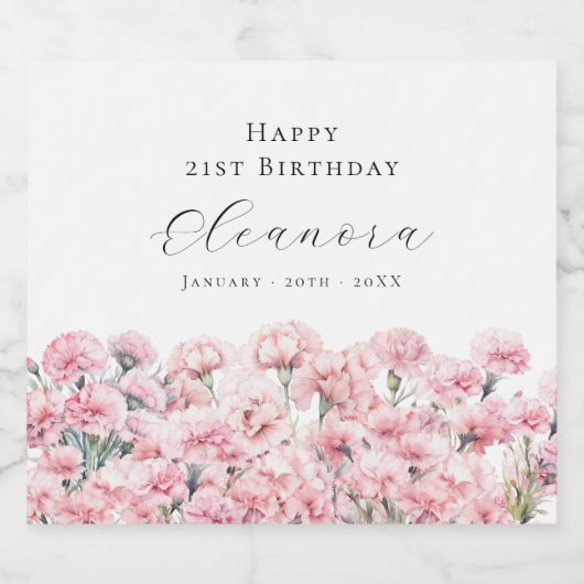 21st Birthday January Birth Flower Carnation Sparkling Wijnetiket (Enkel label)