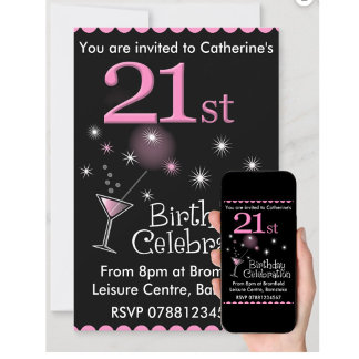 21st Birthday Party Invitation - Cocktail Glass Kaart