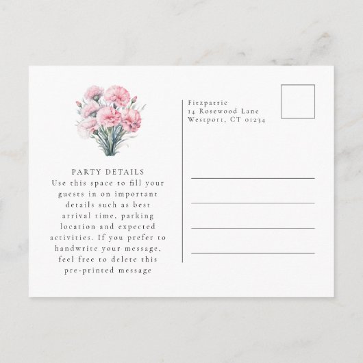 21st Birthday Pink Carnation January Birth Flower Uitnodiging Briefkaart (Achterkant)