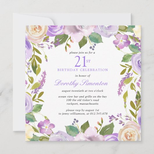21st Birthday Pretty Purple Floral Invitation Kaart (Voorkant)