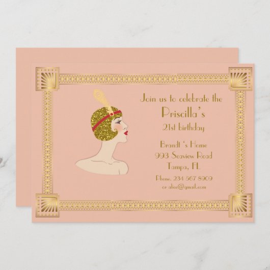 21st, Verjaardag 21st, Gatsby stijl, roze perzik & Kaart (Voorkant / Achterkant)