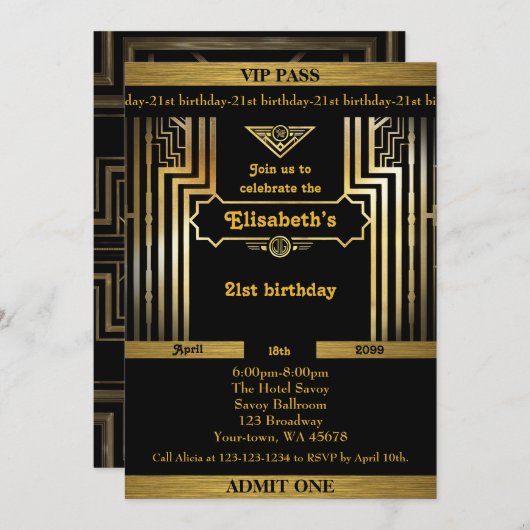 21st, Verjaardag 21st, Gatsby stijl, ticket, zwart Kaart (Voorkant / Achterkant)
