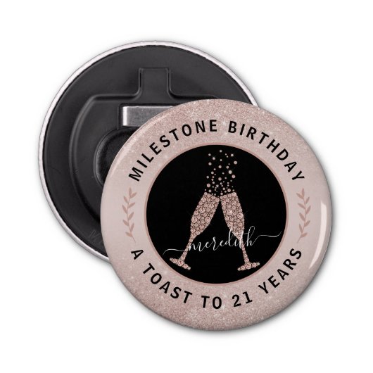 21stBirthday Glitter Champagne Toast Personalized Button Flesopener (Voorkant)