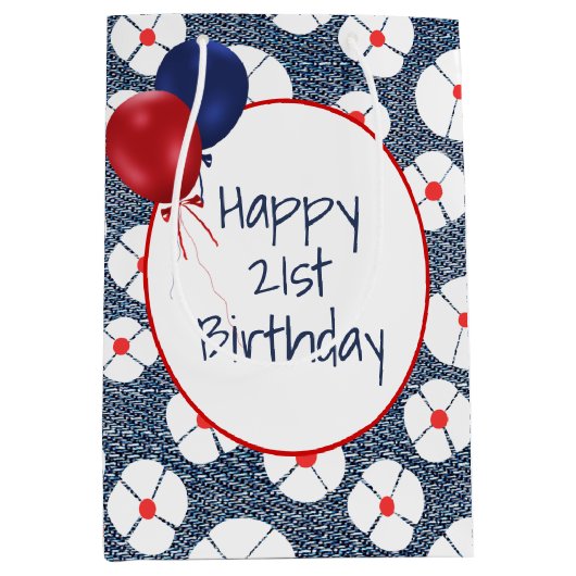 21ste Birthday-ballonnen op Floral Denim Medium Cadeauzakje (Voorkant)