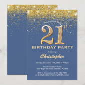 21ste Birthday Blue en Gold Glitter Confetti Kaart (Voorkant / Achterkant)