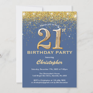 21ste Birthday Blue en Gold Glitter Confetti Kaart