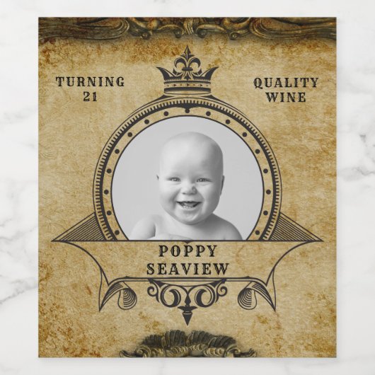 21ste geboortedag Retro monogram & foto Wijn Etiket (Enkel label)