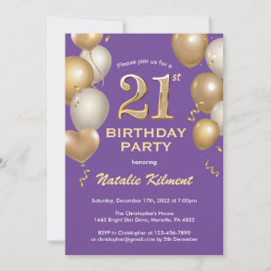 21ste Paarse en goudballonnen van Birthday Kaart