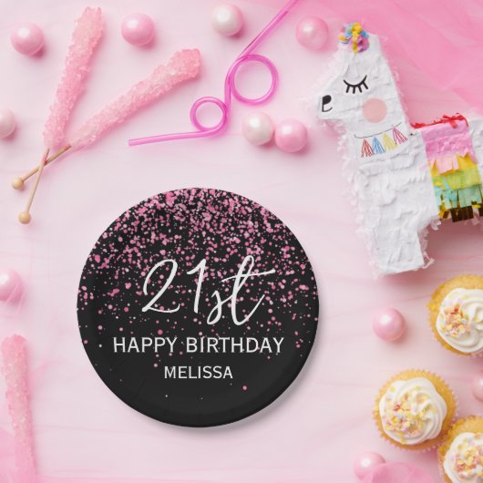 21ste Sparkling Hot Pink Glitter Zwart Verjaardag Papieren Bordje (Feest)