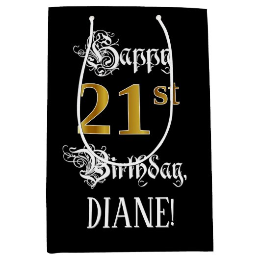 21ste verjaardag ~ Fancy script; Faux Gold look; n Medium Cadeauzakje (Voorkant)