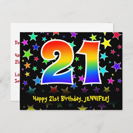 21ste verjaardag: Fun Stars Pattern, Rainbow 21, N Briefkaart (Voorkant / Achterkant)