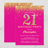 21ste verjaardag Hot Pink en Gold Glitter Confetti Kaart (Voorkant / Achterkant)