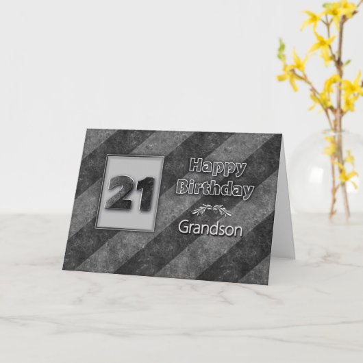 21ste VERJAARDAG, Kleinzoon, Grijze Strepen Grunge Kaart (Gele Bloem)