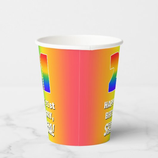 21ste verjaardag: kleurrijk, vun regenboogpatroon papieren bekers (Rechts)