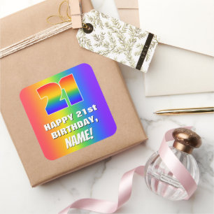 21ste verjaardag: kleurrijk, vun regenboogpatroon vierkante sticker