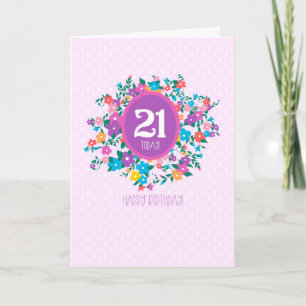 21ste verjaardag met bloemen en pooldots kaart