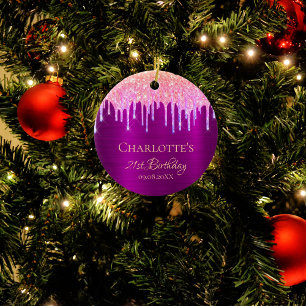 21ste verjaardag paarse glitter regenboog bedankt keramisch ornament