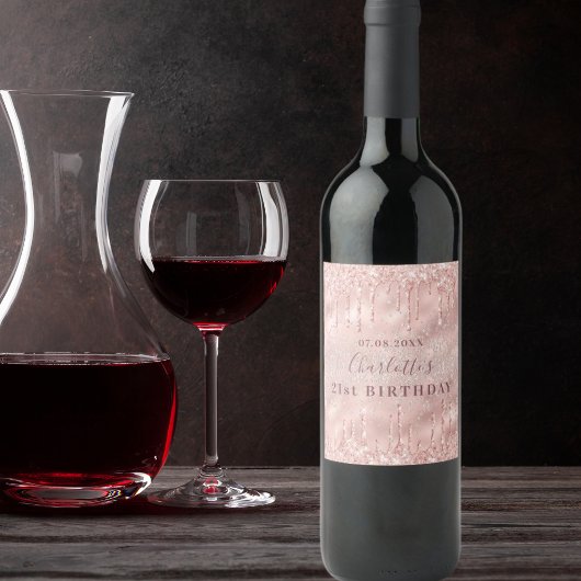 21ste verjaardag roos goudglitter naam wijn etiket