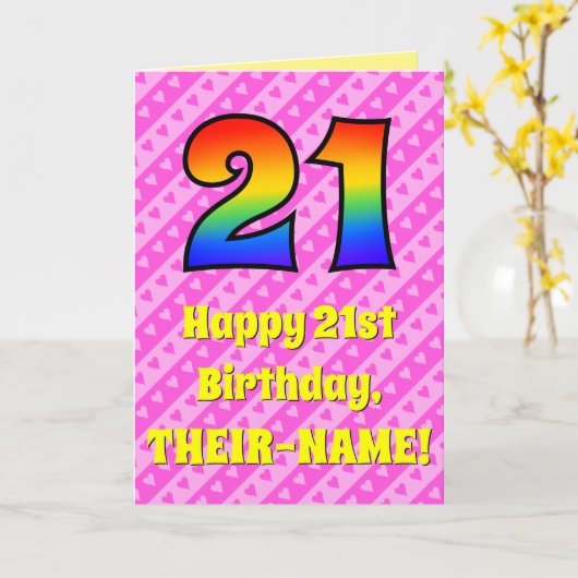 21ste verjaardag: roze strips & harten, regenboogn kaart (Gele Bloem)
