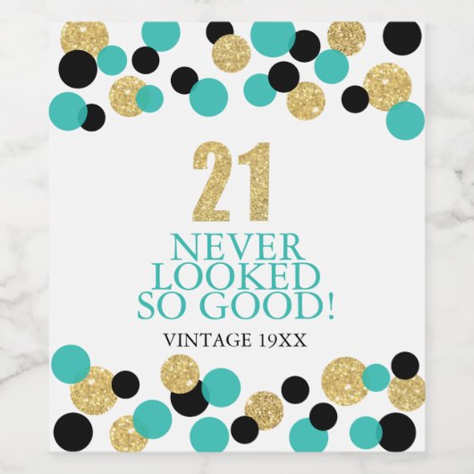 21ste Verjaardag Sparkling Gold Glitter Blauwgroen Wijn Etiket (Enkel label)