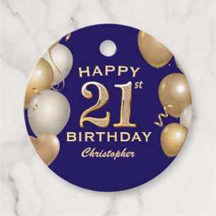 21ste verjaardag van de marineblauw en goudballonn bedankjes labels