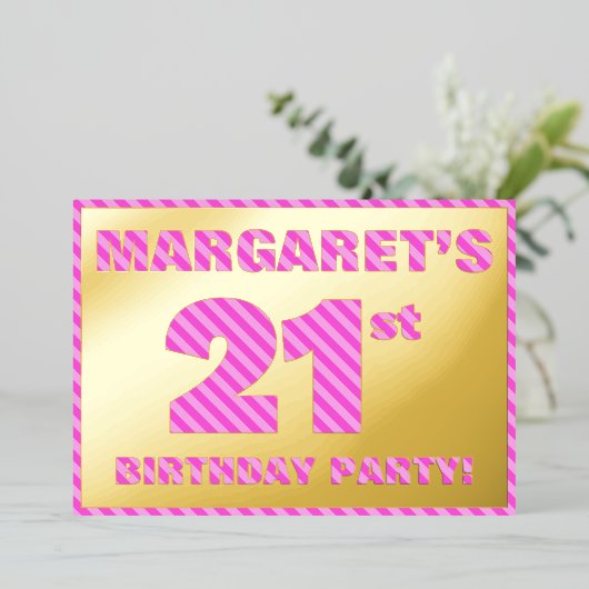 21ste verjaardag — Vet, vuurtje, roze band # 21 Folie Uitnodiging (Staand Voorkant)