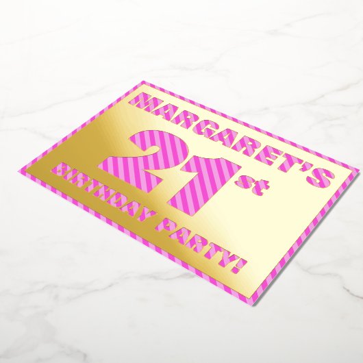 21ste verjaardag — Vet, vuurtje, roze band # 21 Folie Uitnodiging (Gedraaid)