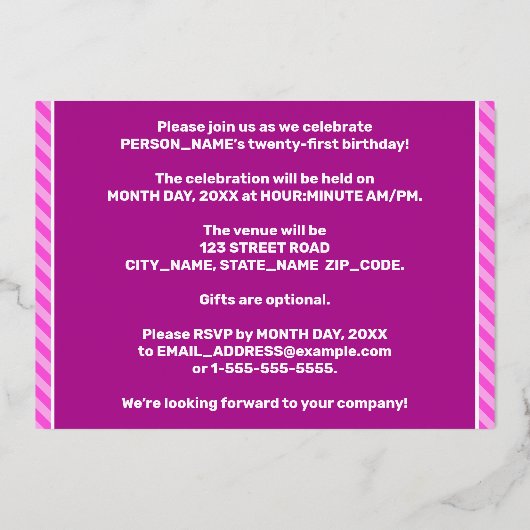 21ste verjaardag — Vet, vuurtje, roze band # 21 Folie Uitnodiging (Achterkant)