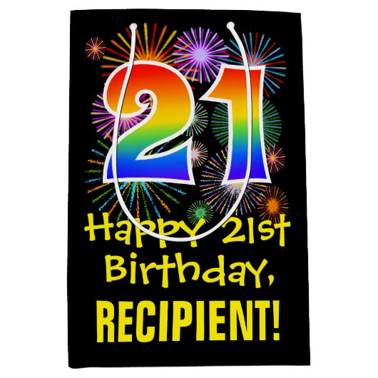 21ste verjaardag: Vuurwerk Fun Pattern + Regenboog Medium Cadeauzakje (Voorkant)