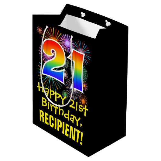 21ste verjaardag: Vuurwerk Fun Pattern + Regenboog Medium Cadeauzakje (Achterkant Gekanteld)