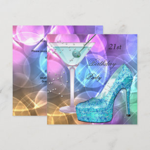 21ste verjaardag White Pink Blauwgroen Martini Sho Kaart
