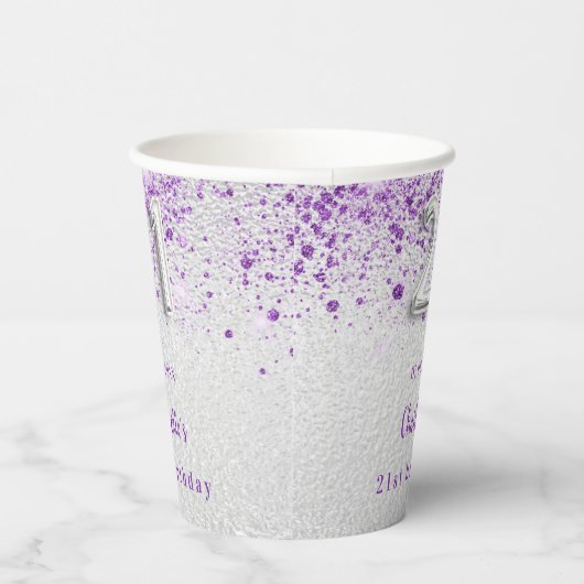 21ste verjaardag zilveren paarse glitter naam papieren bekers (Rechts)