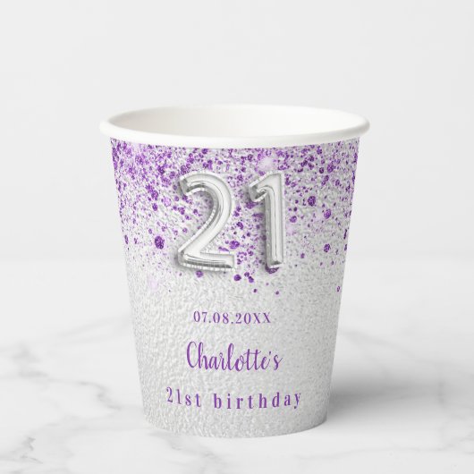 21ste verjaardag zilveren paarse glitter naam papieren bekers (Voorkant)