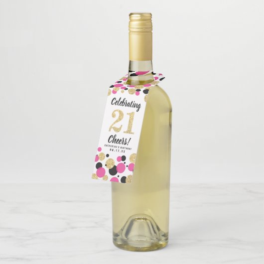 21ste Verjaardag Zwart Hot Pink Gold Glitter Confe Flessenhanger (Schuin)